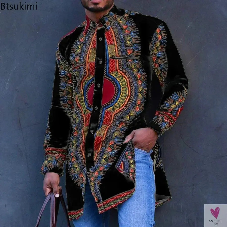 African Men's Clothing Ethnic Print Plus Size Tops Wedding Wear Classic Men's Long Sleeve Shirts Traditional Casual Shirts Male Sweet T 52