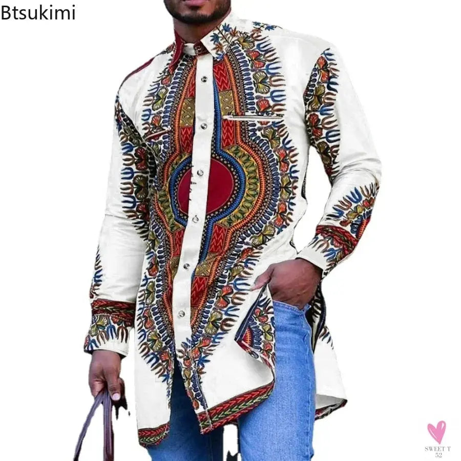 African Men's Clothing Ethnic Print Plus Size Tops Wedding Wear Classic Men's Long Sleeve Shirts Traditional Casual Shirts Male Sweet T 52