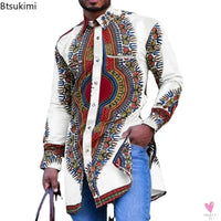 African Men's Clothing Ethnic Print Plus Size Tops Wedding Wear Classic Men's Long Sleeve Shirts Traditional Casual Shirts Male Sweet T 52