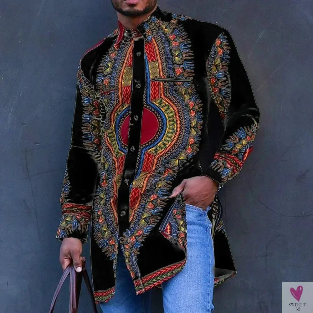 African Men's Clothing Ethnic Print Plus Size Tops Wedding Wear Classic Men's Long Sleeve Shirts Traditional Casual Shirts Male Sweet T 52