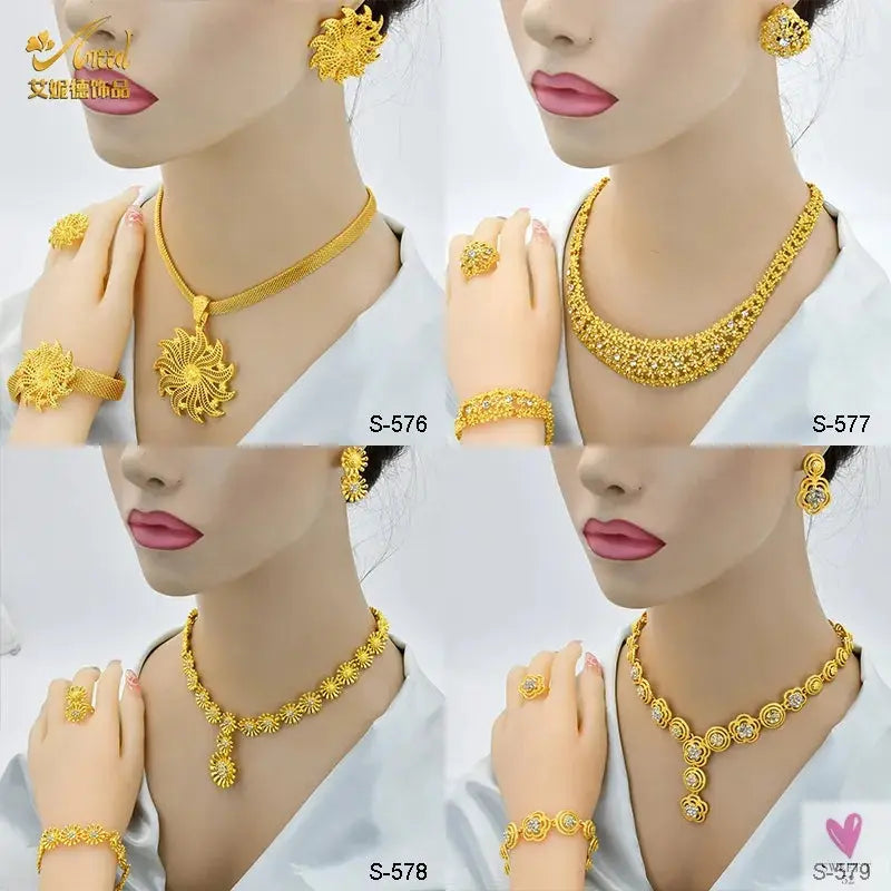 Arabic Dubai Jewelry Sets for Women & Girls - Earrings, Necklace, Bracelet & Ring. African Gold Color Necklace Sets-Jewelry-SWEET T 52