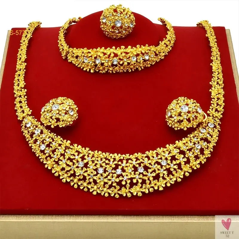 Arabic Dubai Jewelry Sets for Women & Girls - Earrings, Necklace, Bracelet & Ring. African Gold Color Necklace Sets-Jewelry-SWEET T 52