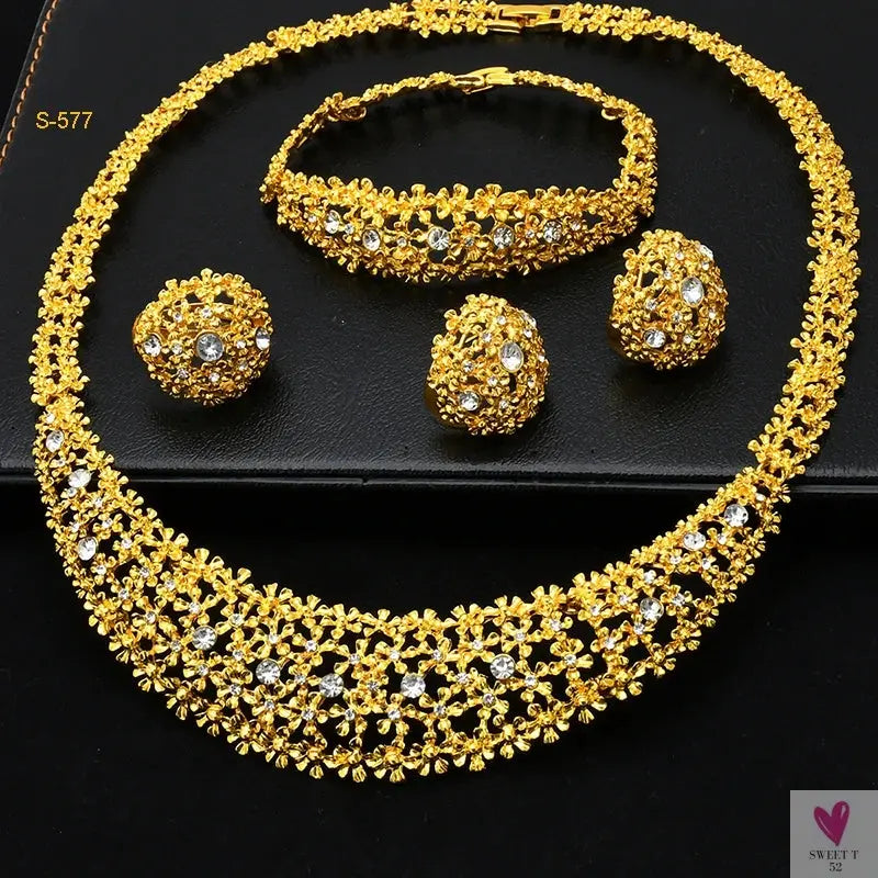 Arabic Dubai Jewelry Sets for Women & Girls - Earrings, Necklace, Bracelet & Ring. African Gold Color Necklace Sets-Jewelry-SWEET T 52