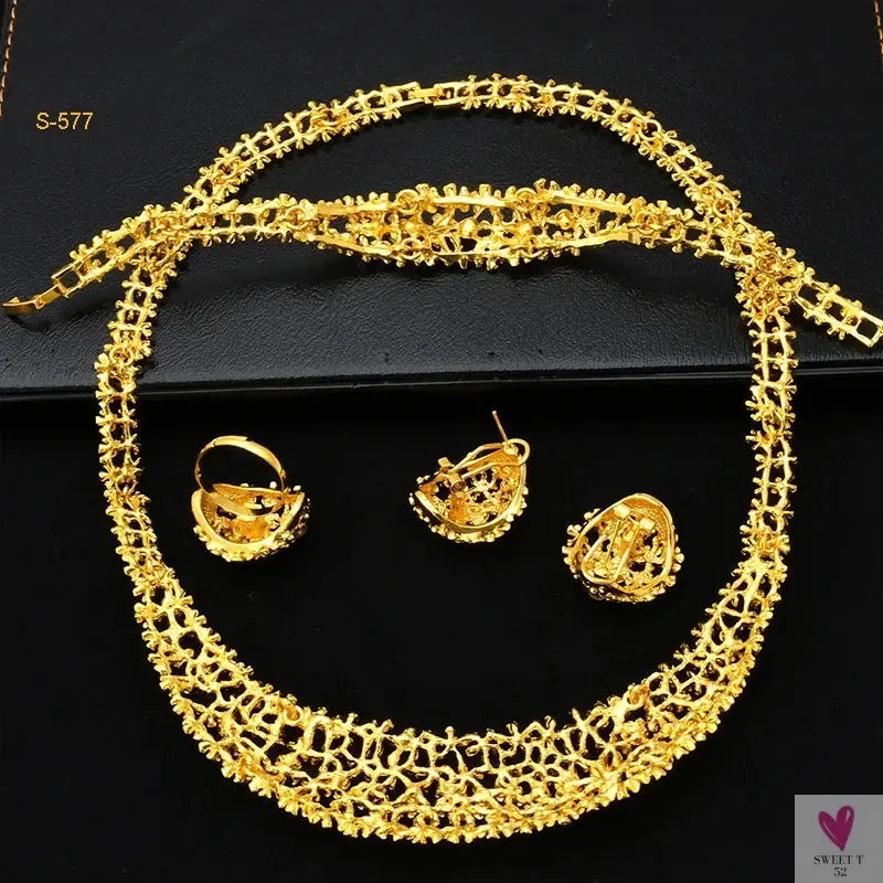 Arabic Dubai Jewelry Sets for Women & Girls - Earrings, Necklace, Bracelet & Ring. African Gold Color Necklace Sets-Jewelry-SWEET T 52
