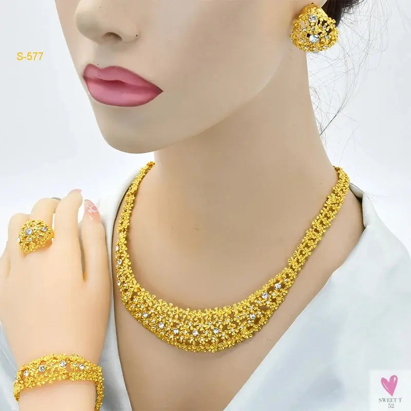 Arabic Dubai Jewelry Sets for Women & Girls - Earrings, Necklace, Bracelet & Ring. African Gold Color Necklace Sets-Jewelry-SWEET T 52