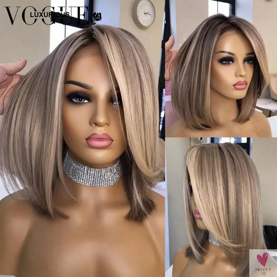 Ash Blonde Bob, Wear & Go Wigs - Lace Front Human Hair Wigs, Glueless 4x4/13x6 Grey Brown Highlights, 180%-hair accessories-SWEET T 52
