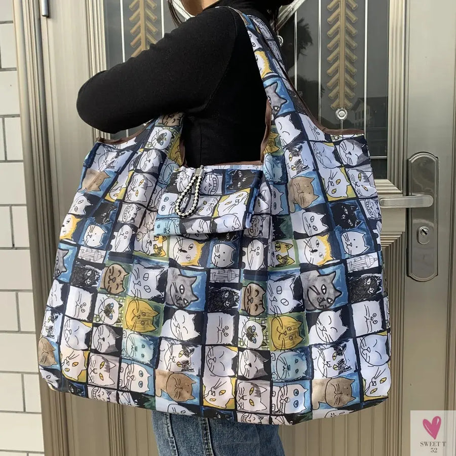 Big Size Thick Nylon Large Tote, ECO Reusable Polyester Portable Women's Folding Shoulder Shopping Pouch Sweet T 52