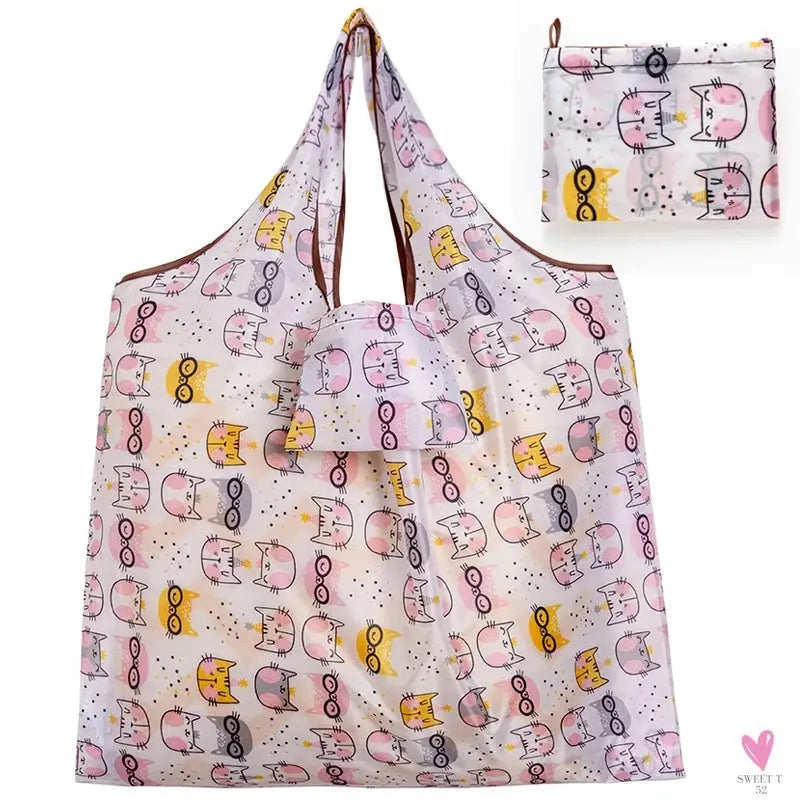 Big Size Thick Nylon Large Tote, ECO Reusable Polyester Portable Women's Folding Shoulder Shopping Pouch Sweet T 52