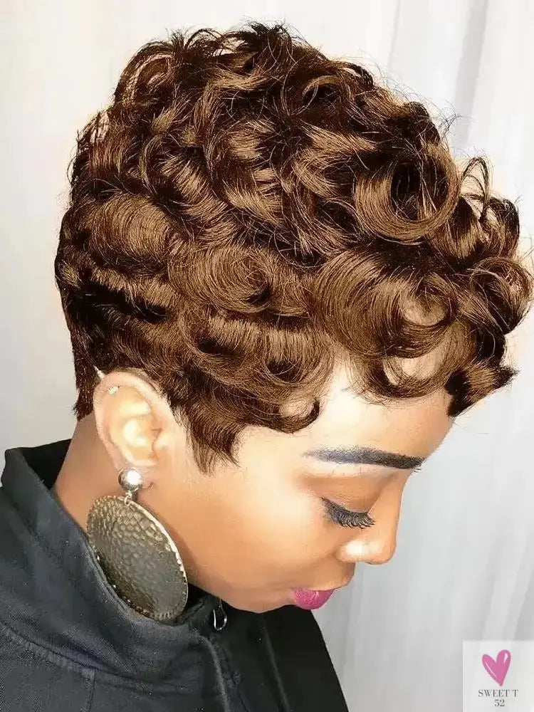 Black Women's Short Curly Elf Wig Black Women's Synthetic Wig Natural Wave Shape Black Elf Cutting Wig Short Curly Layered Elf Sweet T 52