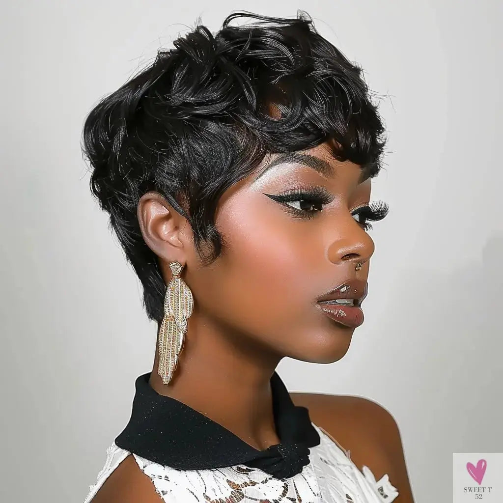 Black Women's Short Curly Elf Wig Black Women's Synthetic Wig Natural Wave Shape Black Elf Cutting Wig Short Curly Layered Elf Sweet T 52