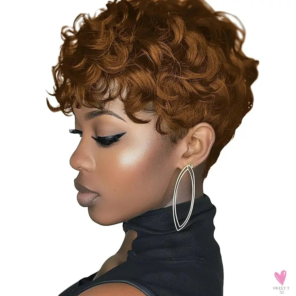 Black Women's Short Curly Elf Wig Black Women's Synthetic Wig Natural Wave Shape Black Elf Cutting Wig Short Curly Layered Elf Sweet T 52