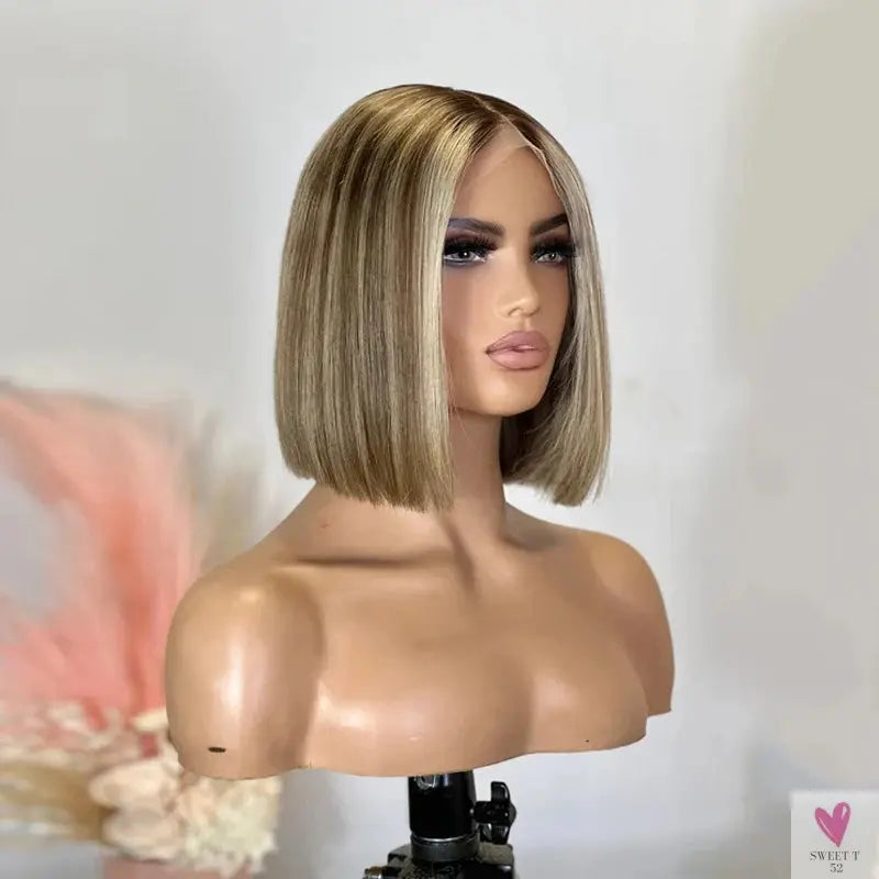 Blonde Bob Wig - Light Brown Highlights, Synthetic Lace Front Wig, Short & Straight for Women Sweet T 52