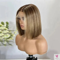 Blonde Bob Wig - Light Brown Highlights, Synthetic Lace Front Wig, Short & Straight for Women Sweet T 52