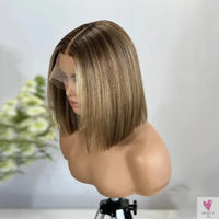 Blonde Bob Wig - Light Brown Highlights, Synthetic Lace Front Wig, Short & Straight for Women Sweet T 52