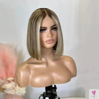 Blonde Bob Wig - Light Brown Highlights, Synthetic Lace Front Wig, Short & Straight for Women Sweet T 52