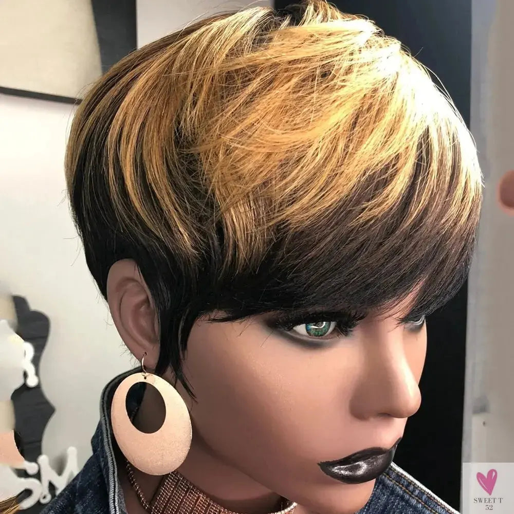 Blonde Ombre Human Hair Wig, 1b27#. Short Pixie Wigs, Human Hair. Short Pixie Cut Duby Wigs, Full Machine Wigs for Women Sweet T 52