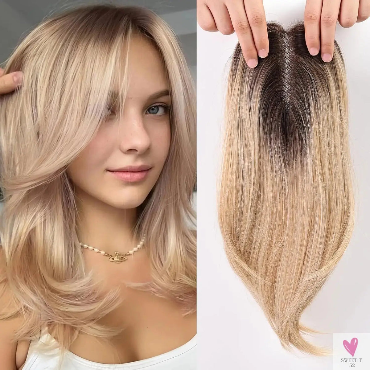 Brown Highlight Layered Hair Toppers - Clip in Synthetic Hair Topper for Women with Thin Hair, Swiss Base, Daily Use, High Temperature Sweet T 52