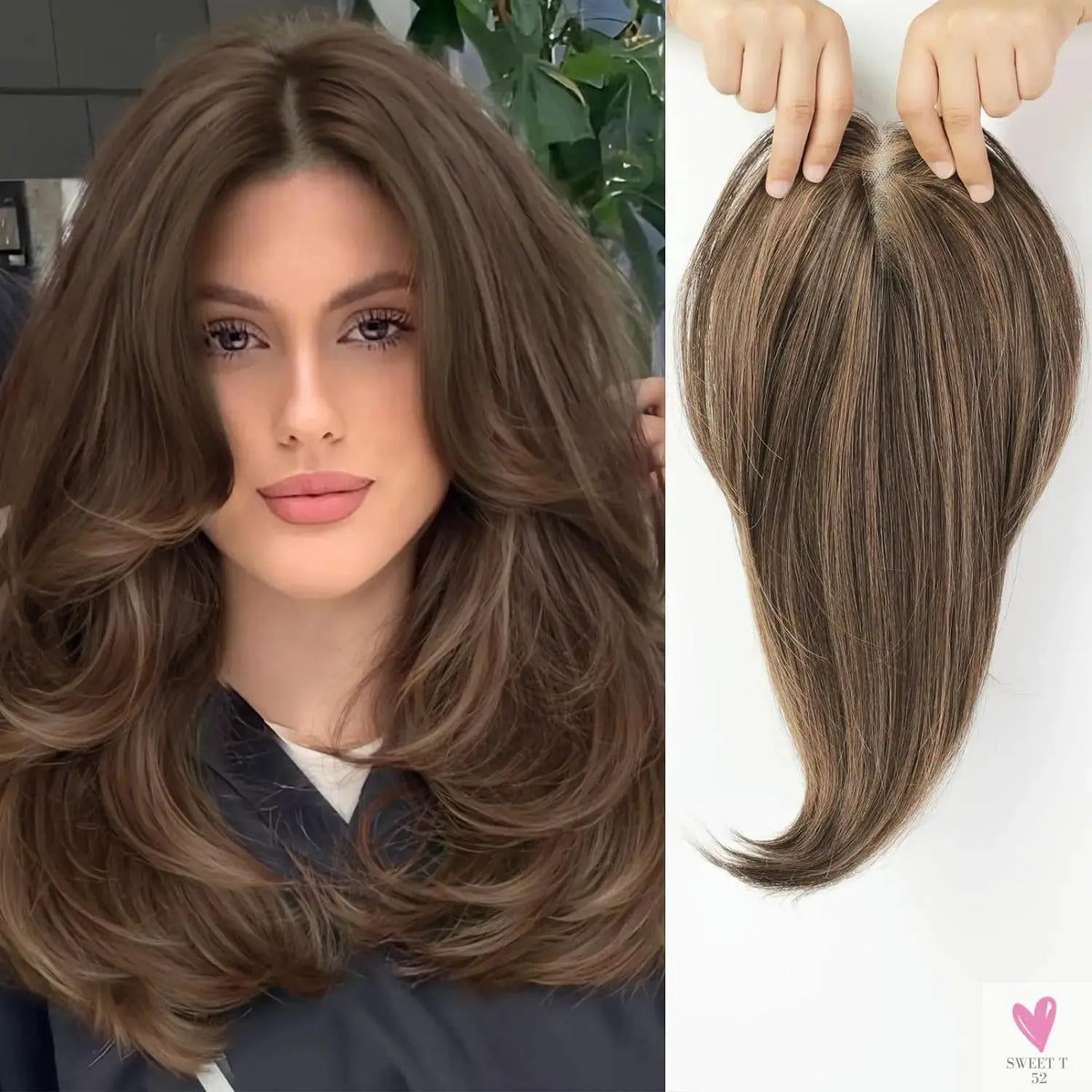 Brown Highlight Layered Hair Toppers - Clip in Synthetic Hair Topper for Women with Thin Hair, Swiss Base, Daily Use, High Temperature Sweet T 52