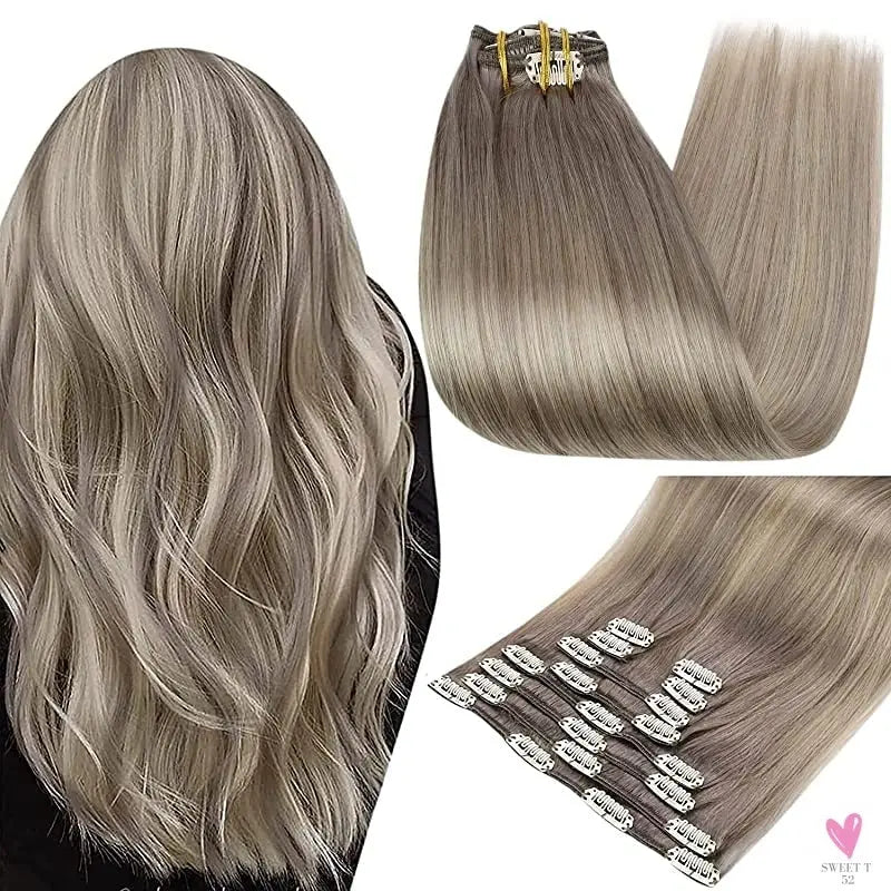 Clip-in Hair Extensions - Human Hair Clips Balayage (Highlights) 7pcs, 120g, Double Weft Human Hair Extensions for Women and Girls, 16 Inches