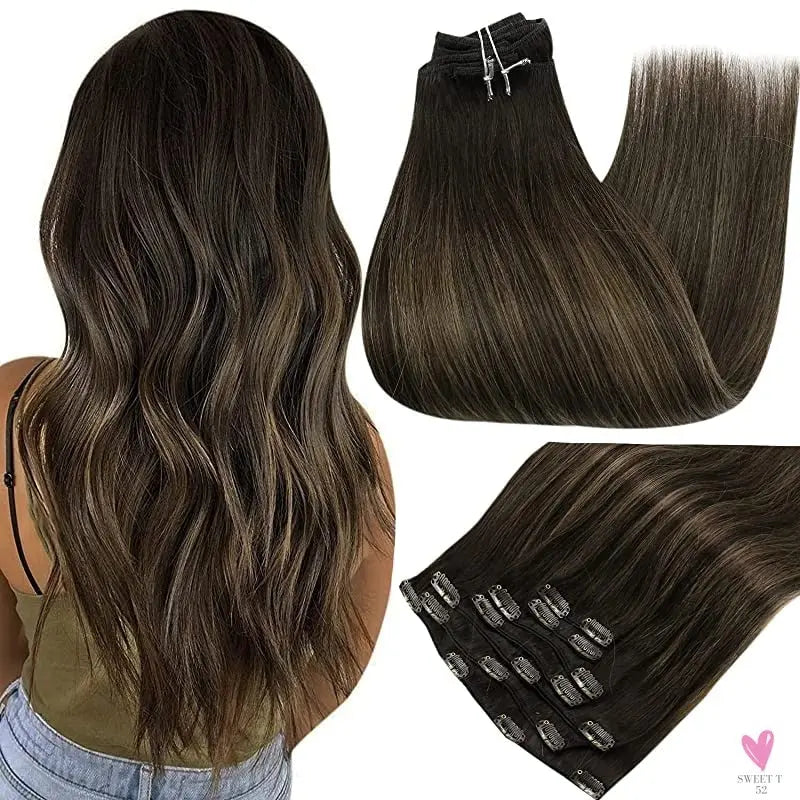 Clip-in Hair Extensions - Human Hair Clips Balayage (Highlights) 7pcs, 120g, Double Weft Human Hair Extensions for Women and Girls, 16 Inches