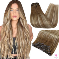 Clip-in Hair Extensions - Human Hair Clips Balayage (Highlights) 7pcs, 120g, Double Weft Human Hair Extensions for Women and Girls, 16 Inches