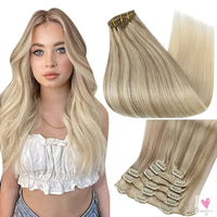 Clip-in Hair Extensions - Human Hair Clips Balayage (Highlights) 7pcs, 120g, Double Weft Human Hair Extensions for Women and Girls, 16 Inches