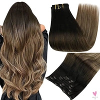 Clip-in Hair Extensions - Human Hair Clips Balayage (Highlights) 7pcs, 120g, Double Weft Human Hair Extensions for Women and Girls, 16 Inches