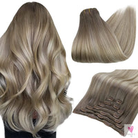 Clip-in Hair Extensions - Human Hair Clips Balayage (Highlights) 7pcs, 120g, Double Weft Human Hair Extensions for Women and Girls, 16 Inches