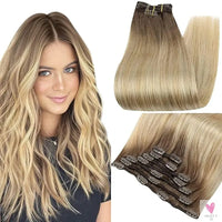 Clip-in Hair Extensions - Human Hair Clips Balayage (highlights) 7pcs, 120g, Double Weft Human Hair Extensions for Women and Girls, 12 Inches