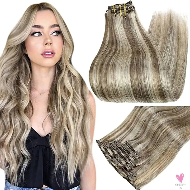 Clip-in Hair Extensions - Human Hair Clips Balayage (highlights) 7pcs, 120g, Double Weft Human Hair Extensions for Women and Girls, 12 Inches
