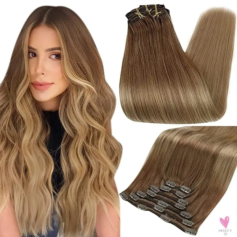 Clip-in Hair Extensions - Human Hair Clips Balayage (highlights) 7pcs, 120g, Double Weft Human Hair Extensions for Women and Girls, 12 Inches