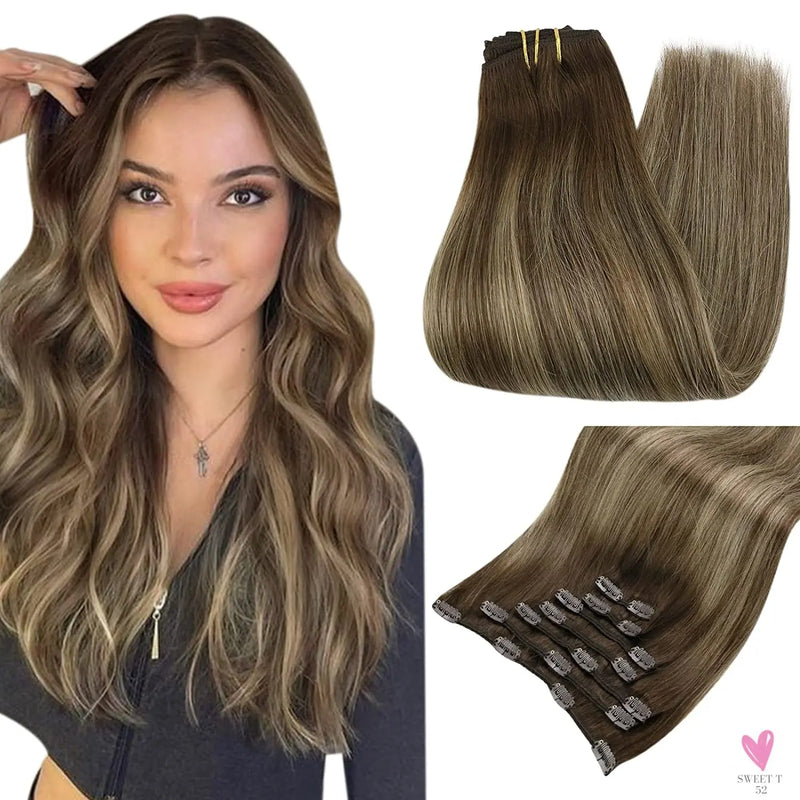 Clip-in Hair Extensions - Human Hair Clips Balayage (highlights) 7pcs, 120g, Double Weft Human Hair Extensions for Women and Girls, 12 Inches