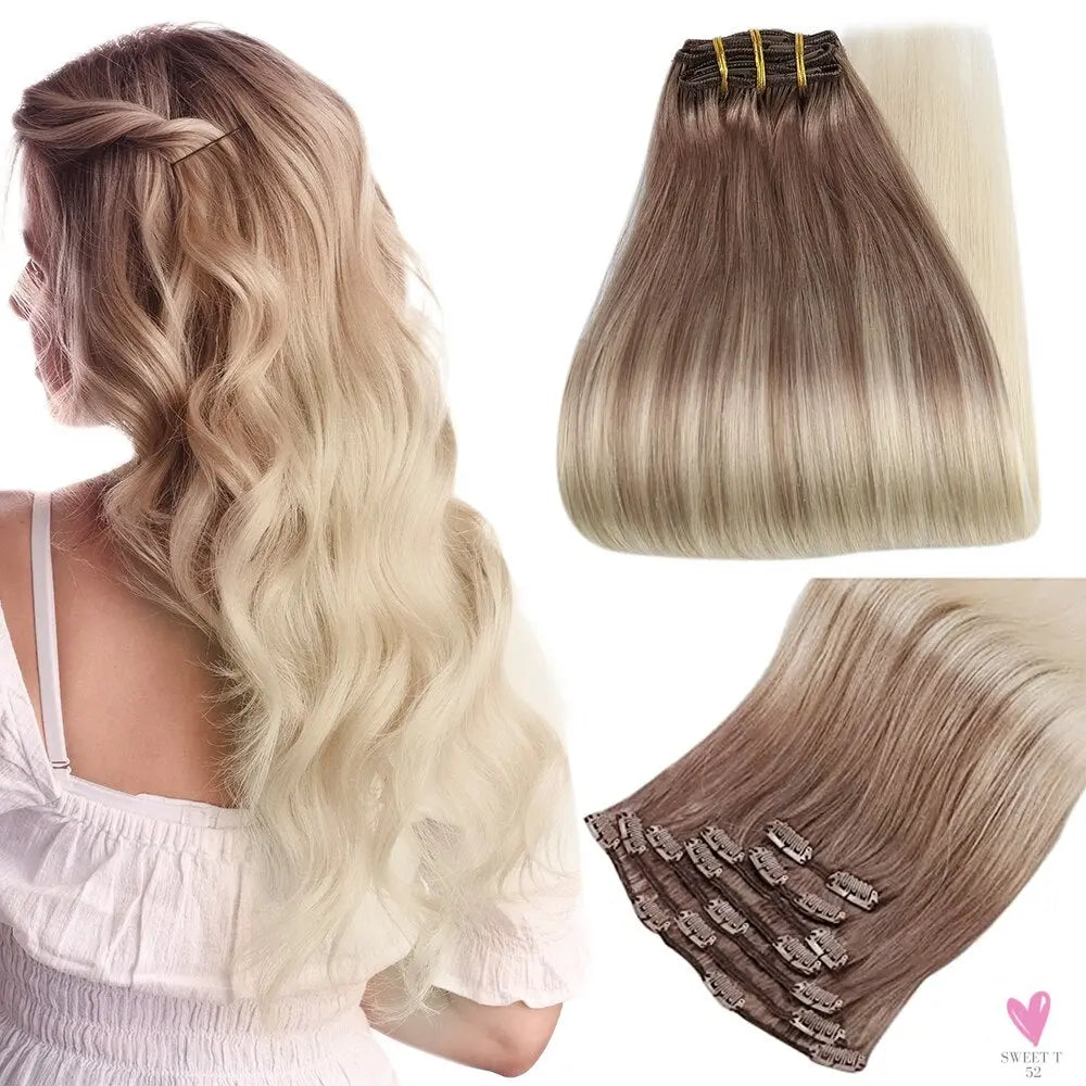 Clip-in Hair Extensions - Human Hair Clips Balayage (highlights) 7pcs, 120g, Double Weft Human Hair Extensions for Women and Girls, 12 Inches