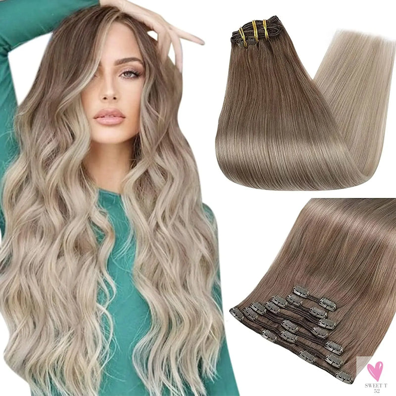 Clip-in Hair Extensions - Human Hair Clips Balayage (highlights) 7pcs, 120g, Double Weft Human Hair Extensions for Women and Girls, 12 Inches