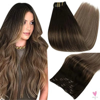 Clip-in Hair Extensions - Human Hair Clips Balayage (highlights) 7pcs, 120g, Double Weft Human Hair Extensions for Women and Girls, 12 Inches
