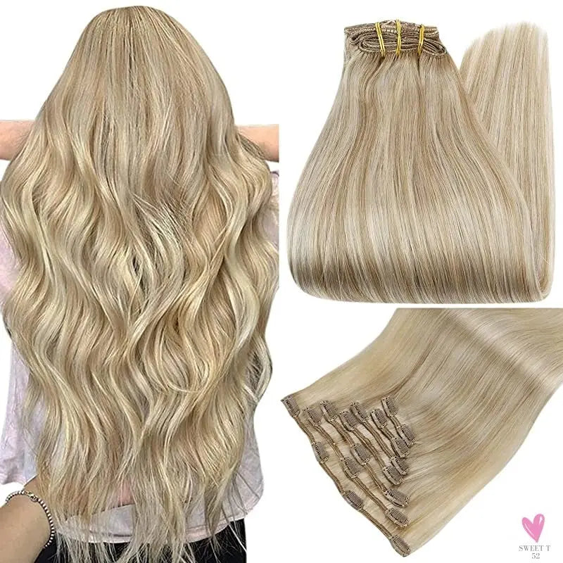 Clip-in Hair Extensions - Human Hair Clips Balayage (highlights) 7pcs, 120g, Double Weft Human Hair Extensions for Women and Girls, 12 Inches