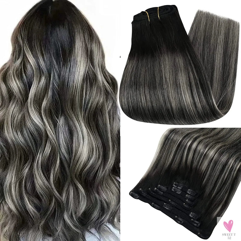 Clip-in Hair Extensions - Human Hair Clips Balayage (highlights) 7pcs, 120g, Double Weft Human Hair Extensions for Women and Girls, 12 Inches