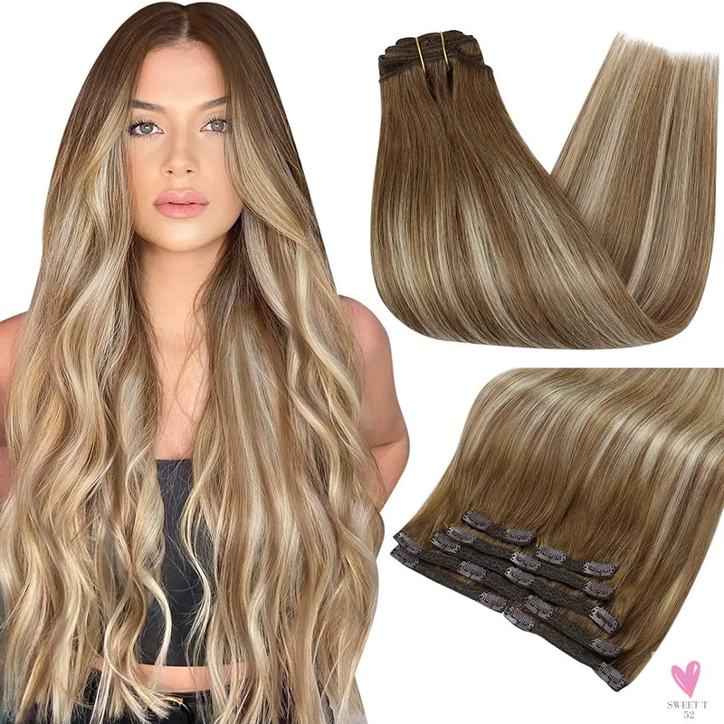 Clip-in Hair Extensions - Human Hair Clips Balayage (highlights) 7pcs, 120g, Double Weft Human Hair Extensions for Women and Girls, 12 Inches