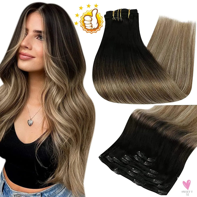 Clip-in Hair Extensions - Human Hair Clips Balayage (highlights) 7pcs, 120g, Double Weft Human Hair Extensions for Women and Girls, 12 Inches