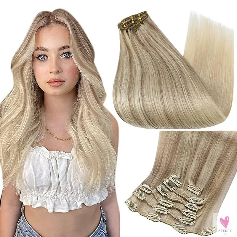 Clip-in Hair Extensions - Human Hair Clips Balayage (highlights) 7pcs, 120g, Double Weft Human Hair Extensions for Women and Girls, 12 Inches