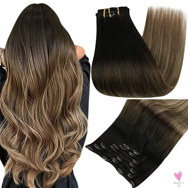 Clip-in Hair Extensions - Human Hair Clips Balayage (highlights) 7pcs, 120g, Double Weft Human Hair Extensions for Women and Girls, 12 Inches