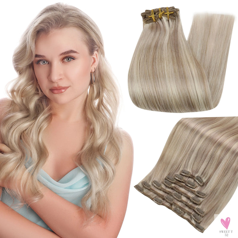 Clip-in Hair Extensions - Human Hair Clips Balayage (highlights) 7pcs, 120g, Double Weft Human Hair Extensions for Women and Girls, 12 Inches