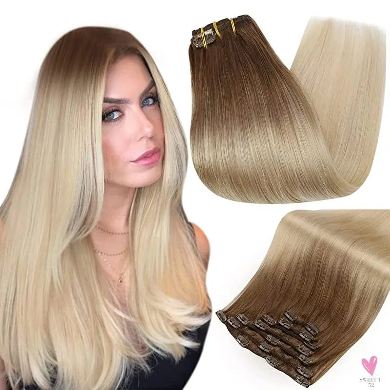 Clip-in Hair Extensions - Human Hair Clips Balayage (highlights) 7pcs, 120g, Double Weft Human Hair Extensions for Women and Girls, 12 Inches