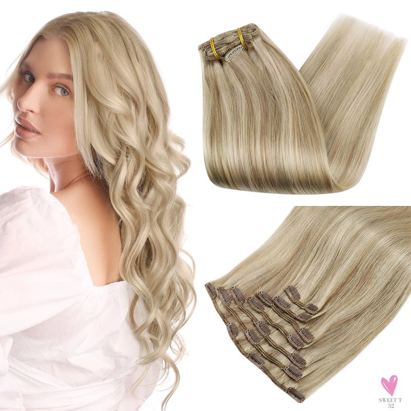 Clip-in Hair Extensions - Human Hair Clips Balayage (highlights) 7pcs, 120g, Double Weft Human Hair Extensions for Women and Girls, 12 Inches