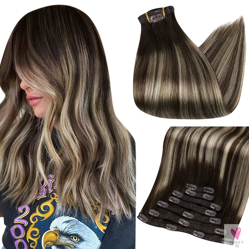 Clip-in Hair Extensions - Human Hair Clips Balayage (highlights) 7pcs, 120g, Double Weft Human Hair Extensions for Women and Girls, 12 Inches