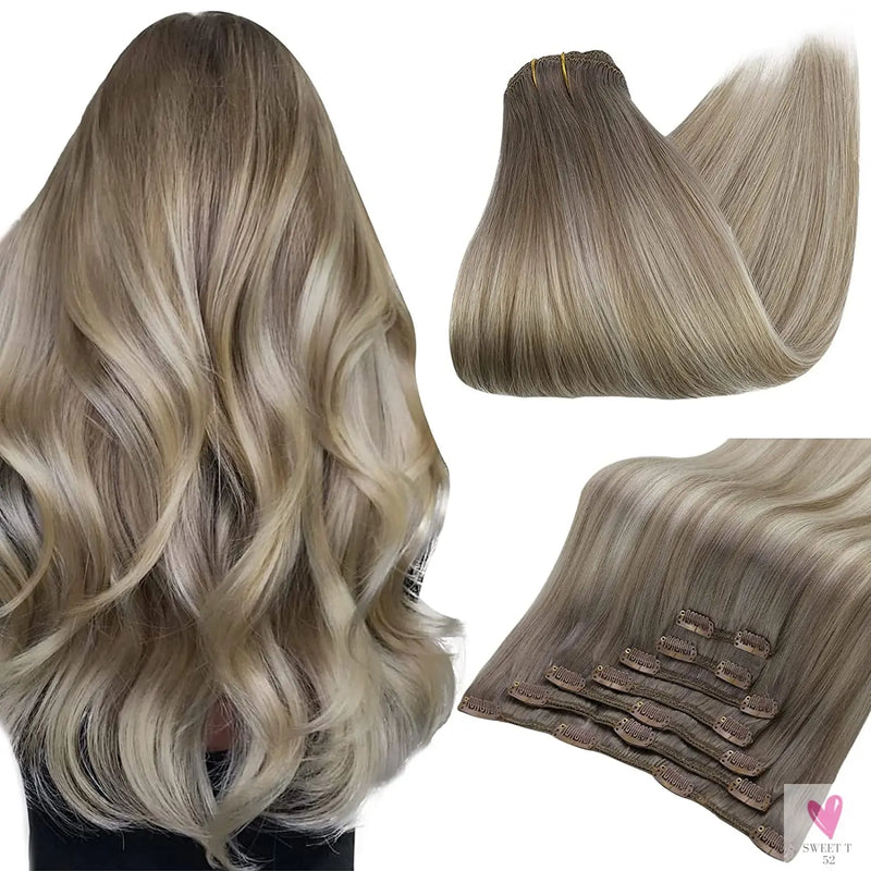 Clip-in Hair Extensions - Human Hair Clips Balayage (highlights) 7pcs, 120g, Double Weft Human Hair Extensions for Women and Girls, 12 Inches