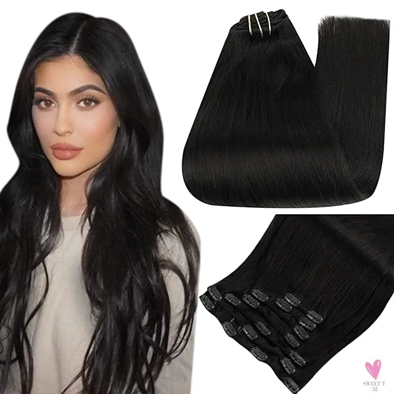 Clip-in Hair Extensions - Human Hair Clips Balayage (highlights) 7pcs, 120g, Double Weft Human Hair Extensions for Women and Girls, 12 Inches