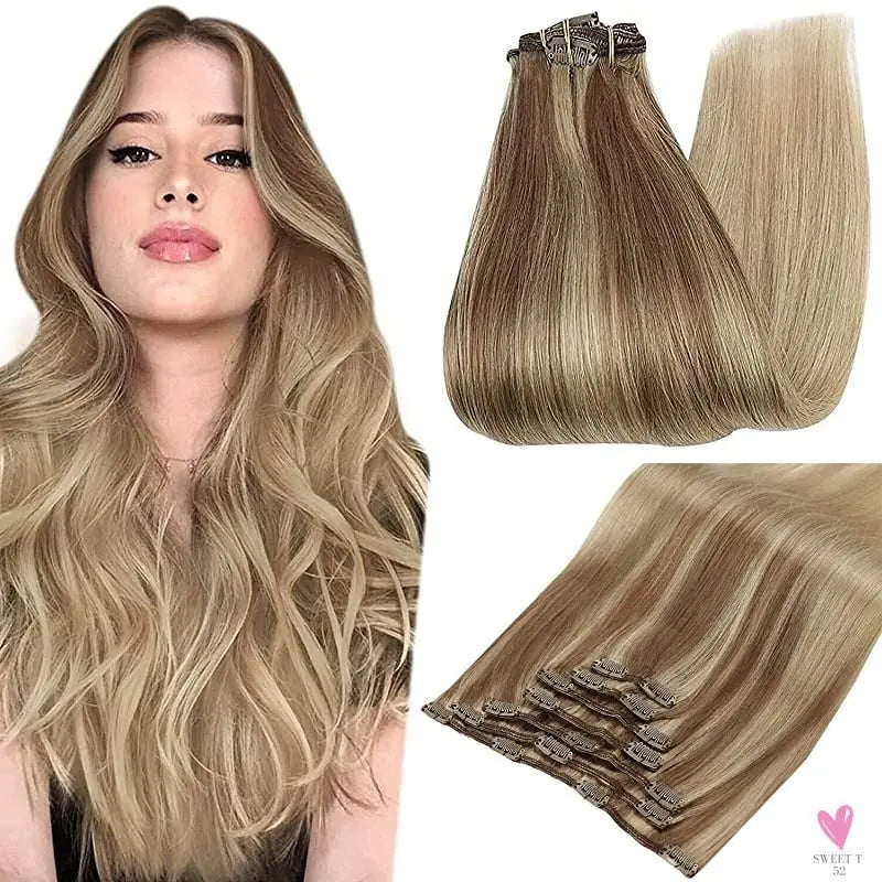 Clip-in Hair Extensions - Human Hair Clips Balayage (highlights) 7pcs, 120g, Double Weft Human Hair Extensions for Women and Girls, 12 Inches