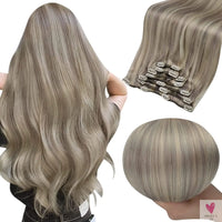 Clip-in Hair Extensions - Human Hair Clips Balayage (highlights) 7pcs, 120g, Double Weft Human Hair Extensions for Women and Girls, 12 Inches
