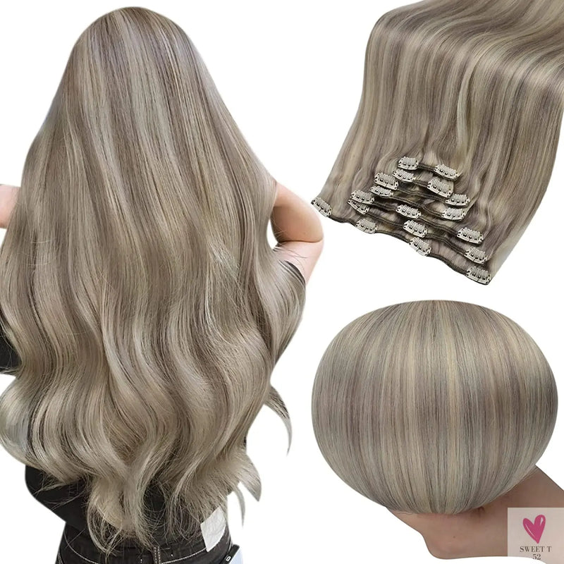 Clip-in Hair Extensions - Human Hair Clips Balayage (highlights) 7pcs, 120g, Double Weft Human Hair Extensions for Women and Girls, 12 Inches